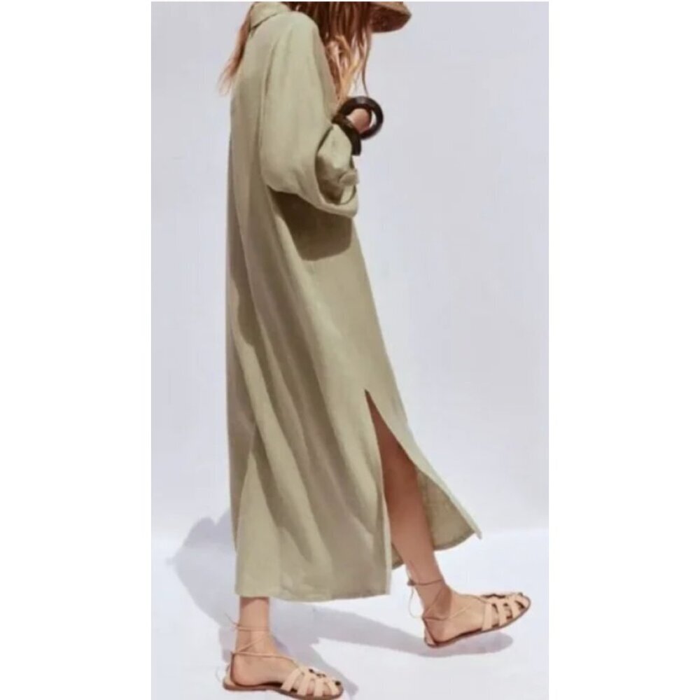 NWOT Zara Sage Green Linen Blend Shirt Dress, Size Small